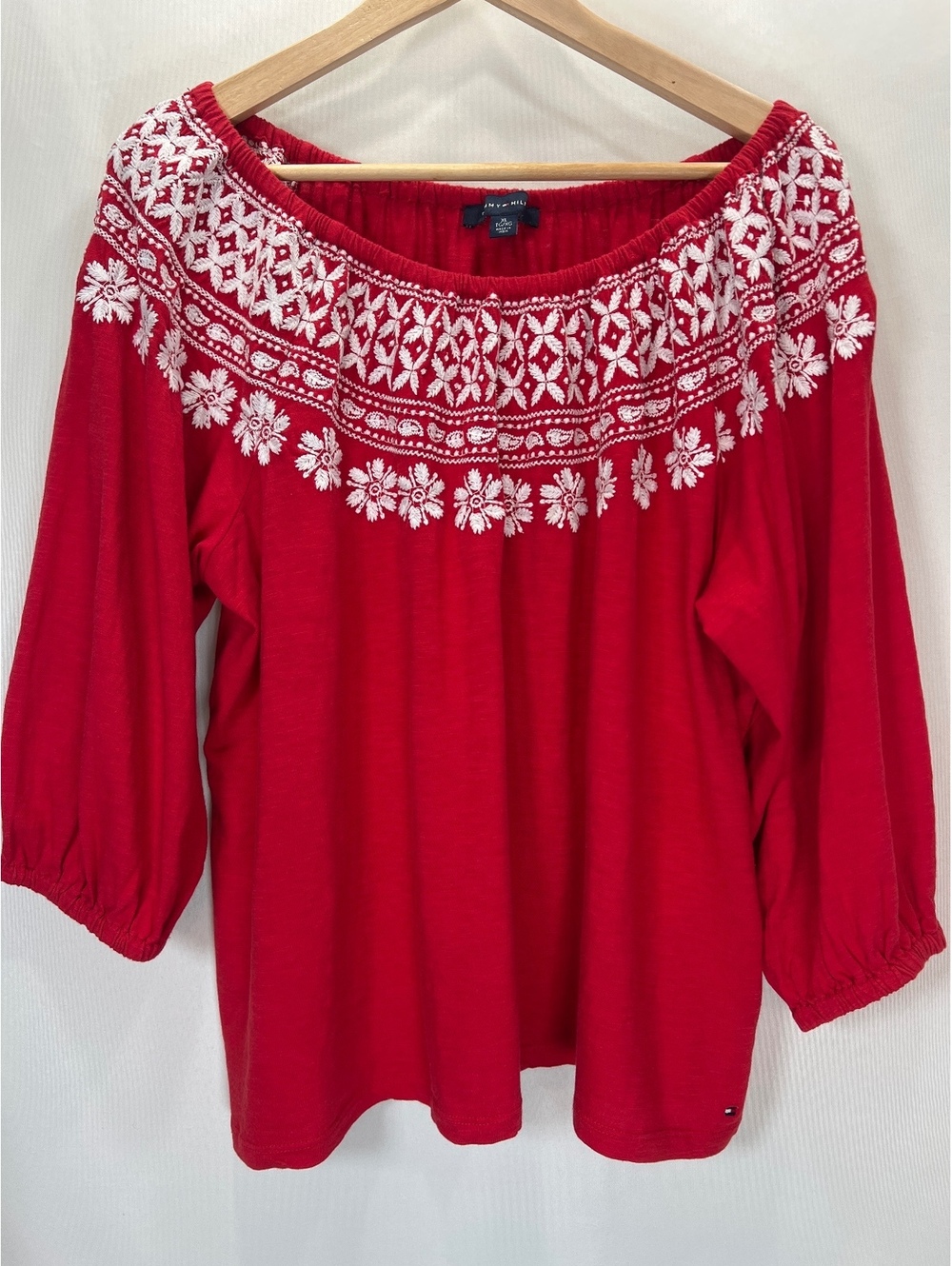 Tommy Hilfiger Red Embroidered Off Shoulder Shirt Women's XL